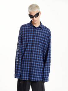 Manfinity VCAY Men's Street Woven Logo Ink Printed Plaid BOXY Long Sleeve Shirt, Suitable For Autumn And Winter Fashion - Blue - View 8