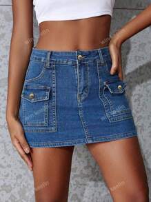 Jupe en jean pour femme avec poches, style casual et polyvalent, anti-transparence