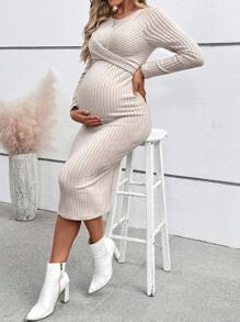 SHEIN Đầm bodycon tay dài màu trơn dáng ôm vừa vặn kiểu dáng xoắn thắt nút cho bà bầu, mùa xuân và mùa thu - Màu be - Xem 2