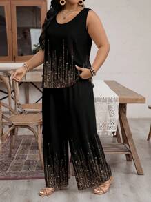 EMERY ROSE Áo ba lỗ không tay thông thường mùa hè & Quần dài Slim Fit nữ Plus Size Họa tiết sequin 2 cái/bộ - trái cam - Xem 6