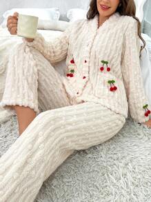 Women's Cherry Decor Long Sleeve Long Pants Pajama Set - Apricot - View 1