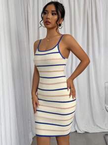 Chiquease 女性條紋休閒無袖毛衣連衣裙，春季/夏季款