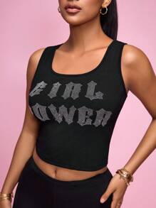 SHEIN Sport Studio Top de tanque feminino com decote redondo e sem mangas, bordado de strass com alfabeto para treino diário