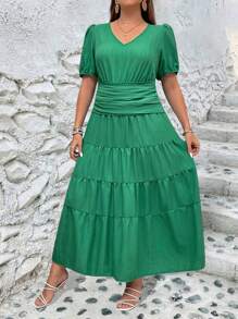 SHEIN Clasi 大尺碼V領褶皺純色休閒夏季短袖連衣裙 - 綠色 - 查看 5