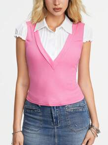 ROMWE J-Fashion Y2K College Casual Knit Patchwork 2 In 1 Dames T-shirt