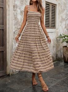 SHEIN LUNE Sleeveless Allover Print Dress With Ruffle Hem And Wide Straps - Khaki - View 3