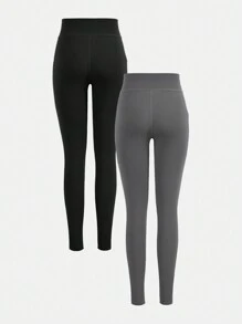 SHEIN Girlism 2入組女孩針織純色高彈力打底褲，適用於日常休閒穿著 - 彩色 - 查看 2