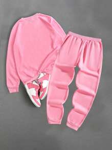 Manfinity Homme 男士卡通字母图案保暖连体卫衣和运动裤套装，男士时尚流行嘻哈脏辫卡通超大印花粉色圆领毛衣和裤子套装，超大图案两件套，街头服饰，外出，图案，趣味，纯色，情侣装，男士粉色两件套，男士粉色套装，粉色男士套装，秋冬服装 - 粉色 - 查看 4