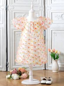 Vestido de Manga Curta com Decote Redondo, Aplicação e Contraste de Tule para Meninas, Ideal para o Verão