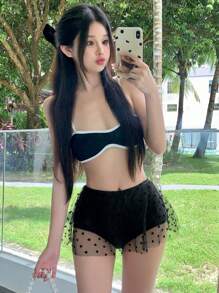 DAZY Bas de bikini transparent à cœur en maille de contraste pour femmes, parfait pour l'été et la plage