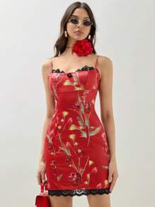 COSMINA Women's Floral Printed Splicing Lace Trimmed Cami Dress