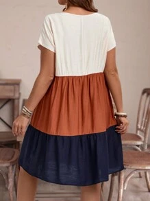 EMERY ROSE Plus Size Round Neck Short Sleeve Elegant And Gentle Splicing Contrast Color A-Line Dress With Flared Hem