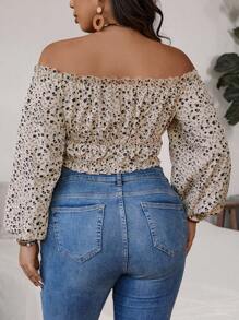 SHEIN VCAY Plus Size Holiday Off-Shoulder Shirred Hemline Shirt With Drawstring Tie - Multicolor - View 2