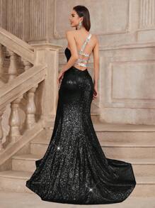SHEIN Belle Elegant And Luxurious Bodycon Dress With Glittery Sequins, One Shoulder, High Slit, Open Back, Rhinestone Decoration, Fish Tail Hem And Long Train, Perfect For Formal Occasions Black Prom Evening Wedding Guest Gown, For Graduation, Dinner - Black - View 1