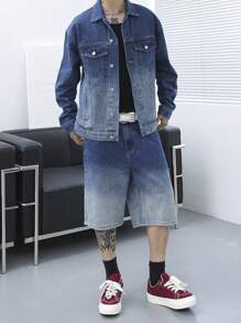 Manfinity Roghcode 男士春夏季加大碼休閒水彩染洗夾克和短褲牛仔套裝 - 深色水洗藍 - 查看 5