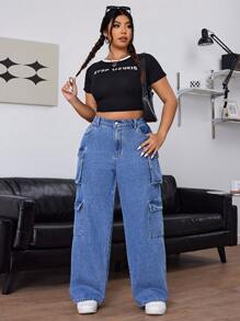 SHEIN CURVE+ Jeans cargo casual e ampi con tasche multiple per donne taglie forti