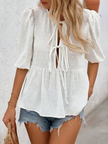 SHEIN LUNE Women's Casual & Stylish Half Placket Bow Knot Bubble Sleeves Sweet Rural Blouse