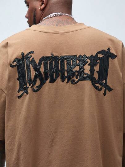 Manfinity VCAY Men's Plus Size Knit Loose Fit Drop-Shoulder Short Sleeve T-Shirt With PU Leather Patchwork, Suitable For Summer And Fashionable