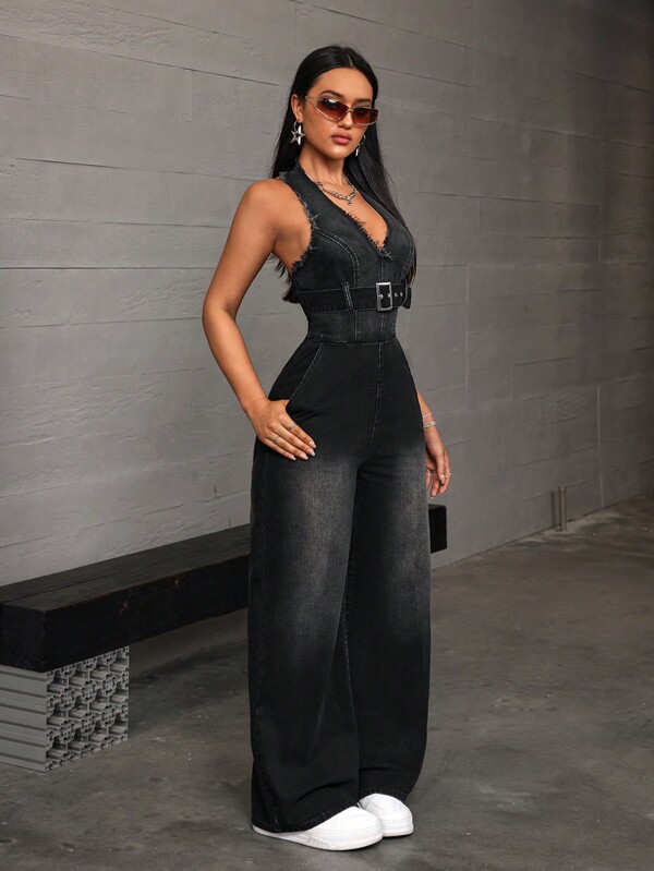 SHEIN ICON Women's Fashionable Fringed Denim Overalls Jumpsuit