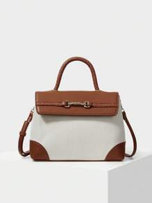 MOTF PREMIUM LADIES FASHION METAL BAMBOO ACCENT TWO TONE FLAP TOP HANDLE BAG, BAG FOR WOMEN ELEGANT, LUXURY - Brown - View 2