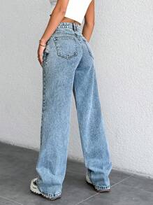 SHEIN Cottnline Low Waist Snow Wash Wide Leg Jeans - Medium Wash - View 2