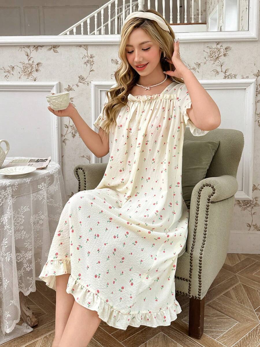 CottageSlumber Camisón corto estilo baby-doll con estampado de rosas, cuello cuadrado, decoración de lazo, dobladillo volante, y cremallera de seda crepé burbujeado, para temporada festiva y vacaciones