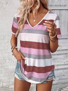 SHEIN LUNE 女士條紋印花V領短袖休閒T恤，夏季 - 粉色 - 查看 1