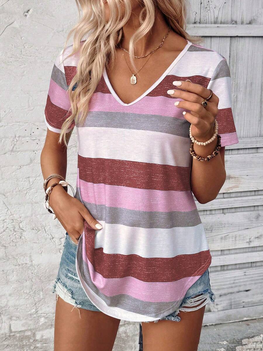 SHEIN LUNE 女士條紋印花V領短袖休閒T恤，夏季 - 粉色 - 查看 1