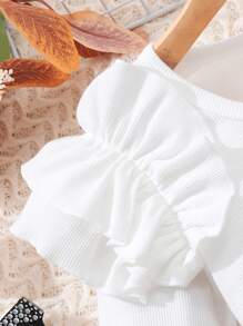 SHEIN 青少女純色荷葉肩圓領長袖上衣+側開叉短褲套裝 - 卡其色 - 查看 6