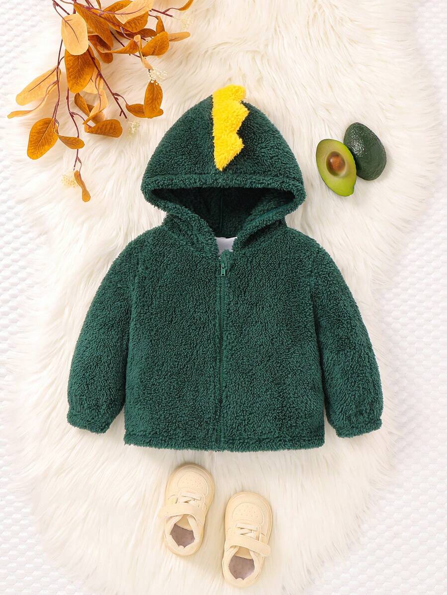 SHEIN Áo khoác trùm đầu mềm mại và ấm áp hình khủng long dễ thương màu trơn cho bé trai vào mùa thu và mùa đông - Nhiều màu - Xem 1