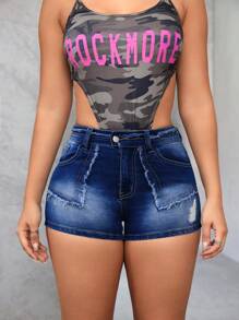 SHEIN SXY Button Fly Multi-Pocket Ripped Frayed Denim Shorts, For Casual Daily Wear - Dark Wash - View 6