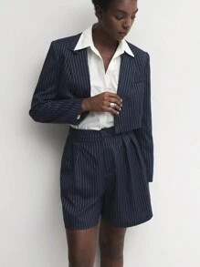 BizChic 女士商务办公工作服复古风格条纹短裤套装，秋季 - 藏蓝色 - 查看 5