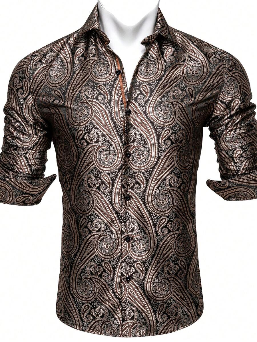 Herren Langarm Hemd mit Paisley Muster für festliche Anlässe (Frühling/Sommer) - Braun - Übersicht 1