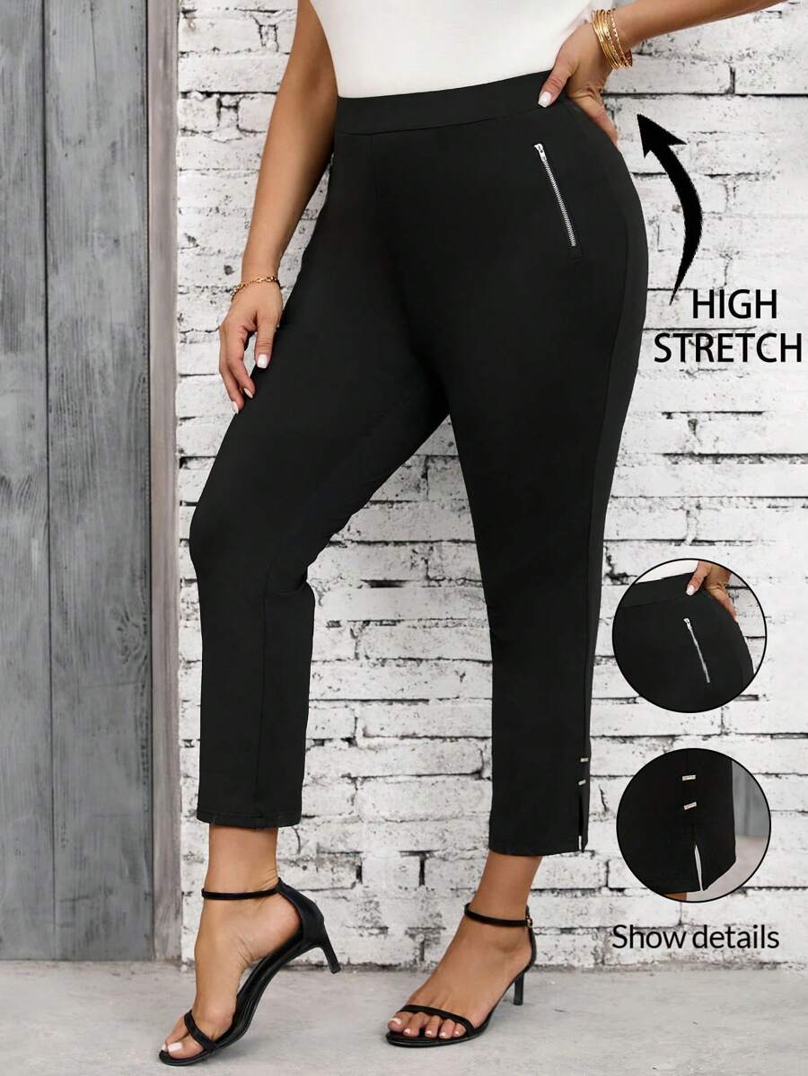 SHEIN Clasi Cộng với kích thước thường ngày màu trơn dây kéo trang trí quần cắt vừa vặn - màu đen - Xem 1