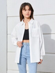 SHEIN Leap Crew Teen Girls Drop Shoulder Button Front Shirt - White - View 4