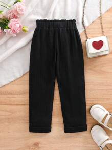 SHEIN Young Girl Casual Versatile Pleated Waist Bow Accent Black Pants. Suitable For Spring, Summer, Autumn, And Winter, Suitable For Casual Occasions - Black - View 2