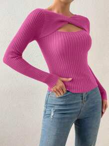 RosyDaze Solid Color Hollow-Out Twist Front Long Sleeve Sweater Pullover, Knit Pullover Fall Winter - Hot Pink - View 3
