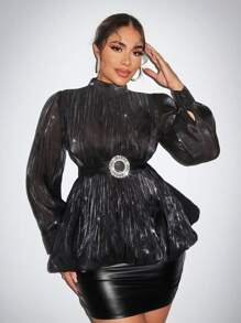 SHEIN SXY Women's Stand Collar Long Sleeve Sexy Shirt With Waist Belt, Elegant And Charming For Parties And Dates Party Tops - Black - View 1