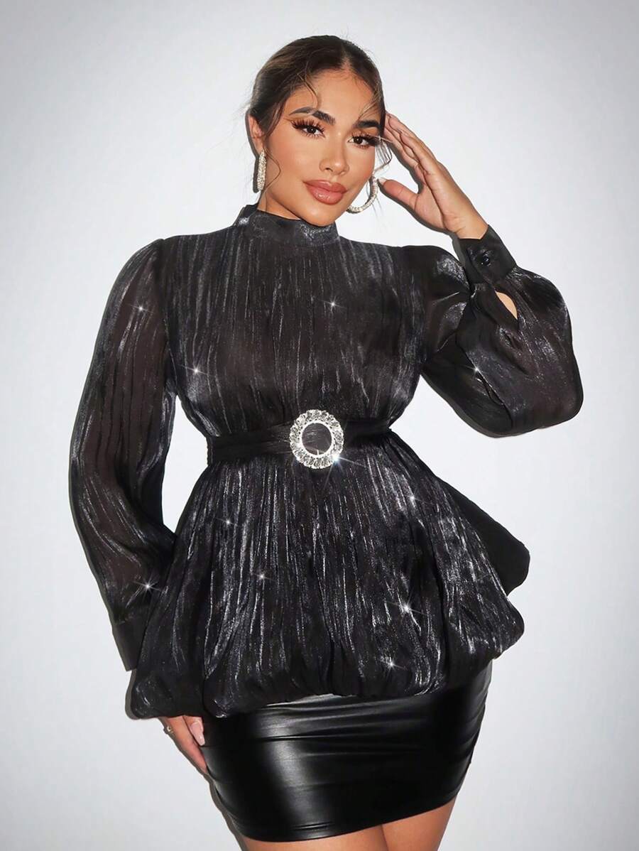 SHEIN SXY Women's Stand Collar Long Sleeve Sexy Shirt With Waist Belt, Elegant And Charming For Parties And Dates Party Tops - Black - View 1