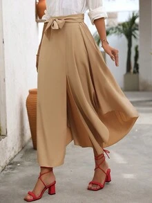 SHEIN Clasi Falda de cintura con cinturón de unicolor para mujer con abertura en el muslo - Caqui - Ver 3