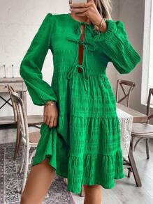 SHEIN Clasi 时尚休闲简约蝴蝶结纹理泡泡袖长袖迷你连衣裙 - 綠色 - 查看 5