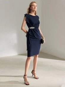 MOTF PREMIUM SOLID COLOR OPEN SHOULDER BODYCON DRESS IS DESIGNED WITH FASHIONABLE AND STYLE FOR TWEEN GIRLS. UNIQUE OPEN SHOULDER STRAP DESIGN HIGHLIGHTS THE ELEGANT CHARM OF TWEEN GIRLS. - Navy Blue - View 8