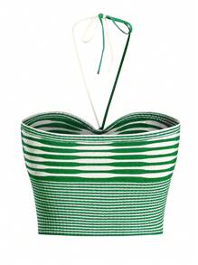 SHEIN Unity Áo dệt kim cổ yếm sọc ngang thông thường dành cho nữ cho mùa hè - màu xanh lá - Xem 2