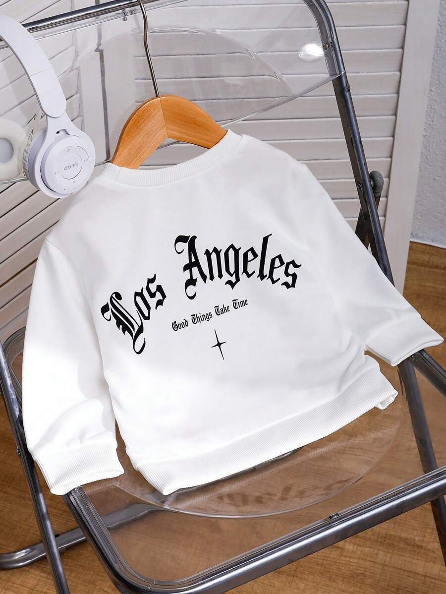 SHEIN 男宝宝休闲美式运动风简约字母印花圆领长袖卫衣，适合秋冬季户外穿着 - 白色 - 查看 1