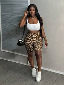 Slaydiva Summer Casual Street High-Waisted Wide-Waisted Side Cargo Pockets Decorated With Leopard Print Slim-Fitting Cycling Pants Women's Shorts - Multicolor - View 3