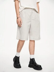 Chillumni Nam Màu Trơn Vừa Vặn Vừa Vặn Quần Short Xếp Ly Thường Ngày Quần Baggy Đi Học Quần Kaki - Xám - Xem 5