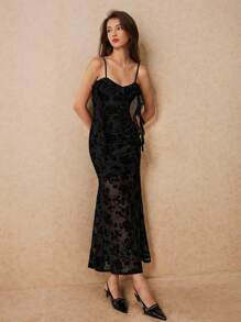 SHEIN Frenchy Women Clothes,Summer Women Dress, Women Dresses ,Evening Dress, Women Black Ruffle Tassel Elegant Velvet Jacquard Dress, Prom Dress, Homing Coming Party Dress, Halloween Outfit, Semi Sheer Long Dress, Fall Clothes - Black - View 3