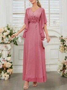 SHEIN Belle Váy cưới nữ cổ chữ V lãng mạn và thanh lịch với đính hoa và tay áo xù - Màu Hồng baby - Xem 4