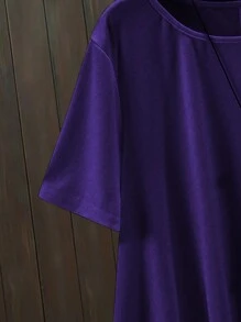 EMERY ROSE Conjunto de talla grande de top de manga corta con dobladillo asimétrico y pantalones largos de unicolor para vacaciones casuales - Morado - Ver 4