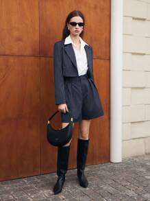 BizChic 女士商务办公工作服复古风格条纹短裤套装，秋季 - 藏蓝色 - 查看 4